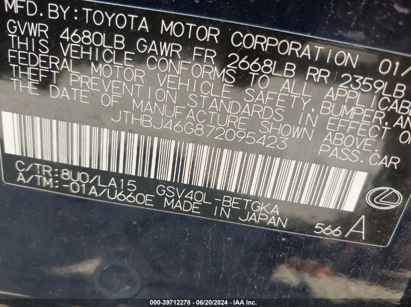 2007 Lexus Es 350 VIN: JTHBJ46G872095423 Lot: 39712278