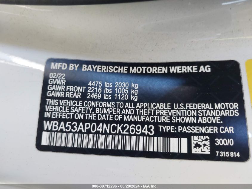 2022 BMW 430I VIN: WBA53AP04NCK26943 Lot: 39712296