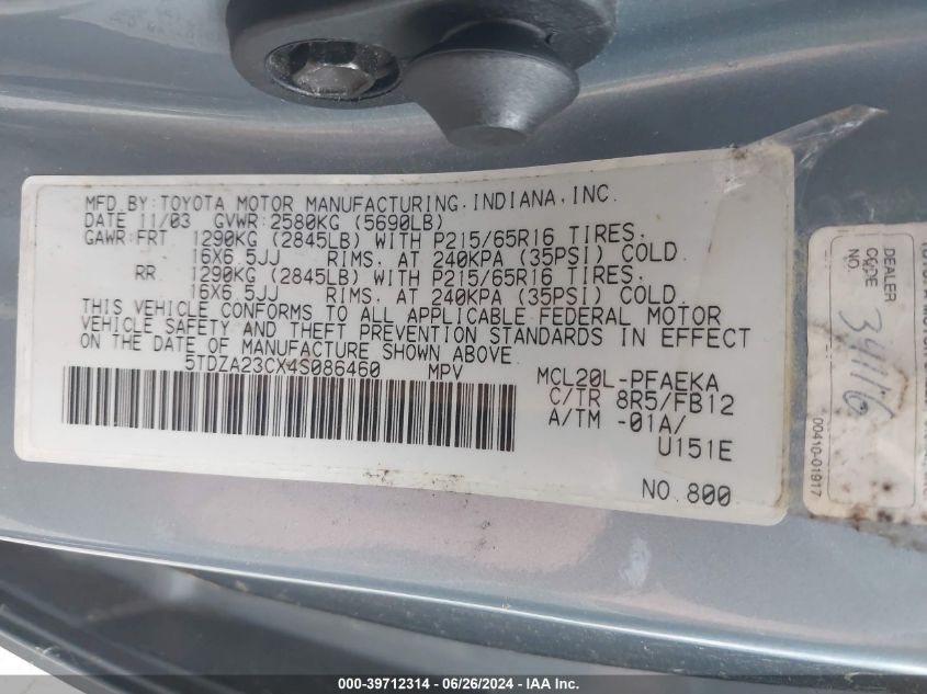 2004 Toyota Sienna Le VIN: 5TDZA23CX4S086460 Lot: 39712314