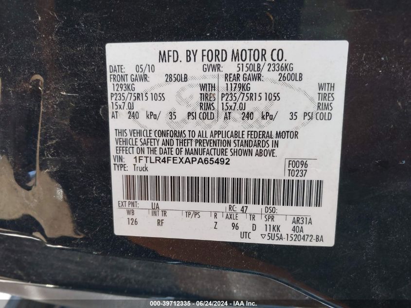 2010 Ford Ranger Sport/Xlt VIN: 1FTLR4FEXAPA65492 Lot: 39712335