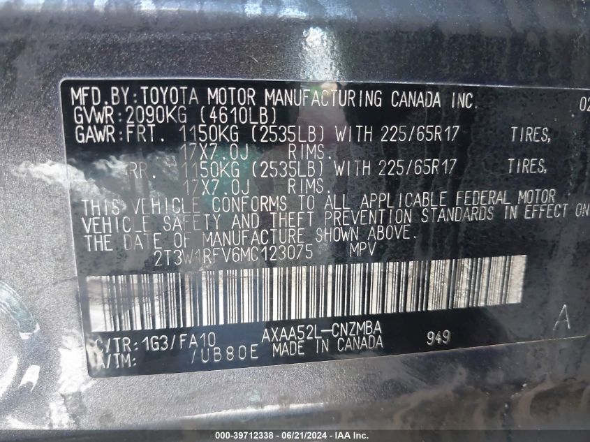 2021 Toyota Rav4 Xle VIN: 2T3W1RFV6MC123075 Lot: 39712338