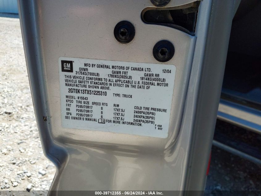 2005 GMC Sierra 1500 Slt VIN: 2GTEK13TX51225310 Lot: 39712355
