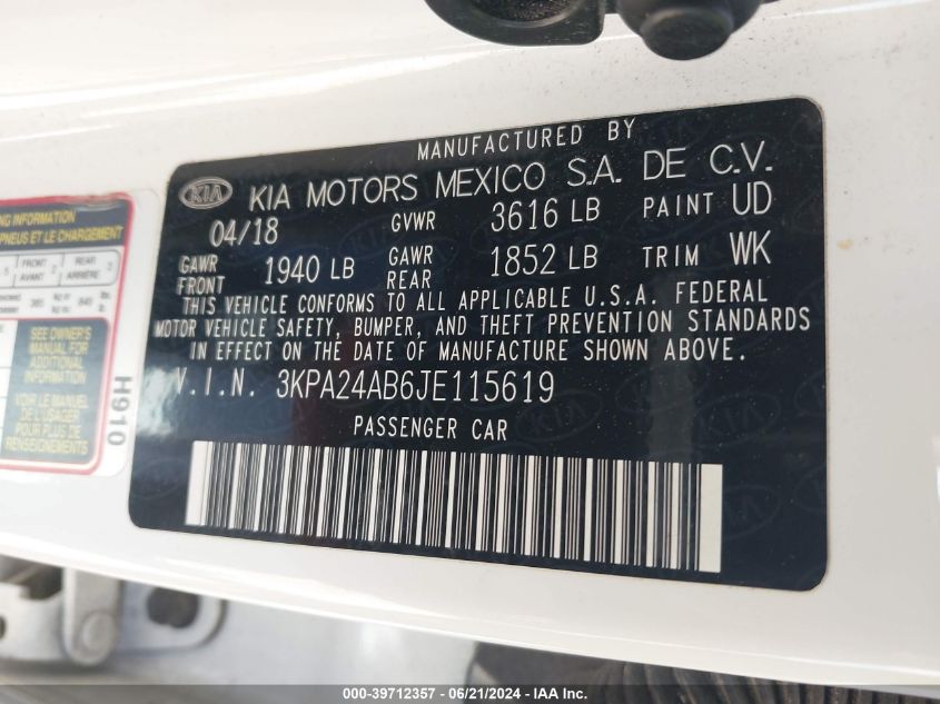 2018 Kia Rio S VIN: 3KPA24AB6JE115619 Lot: 39712357