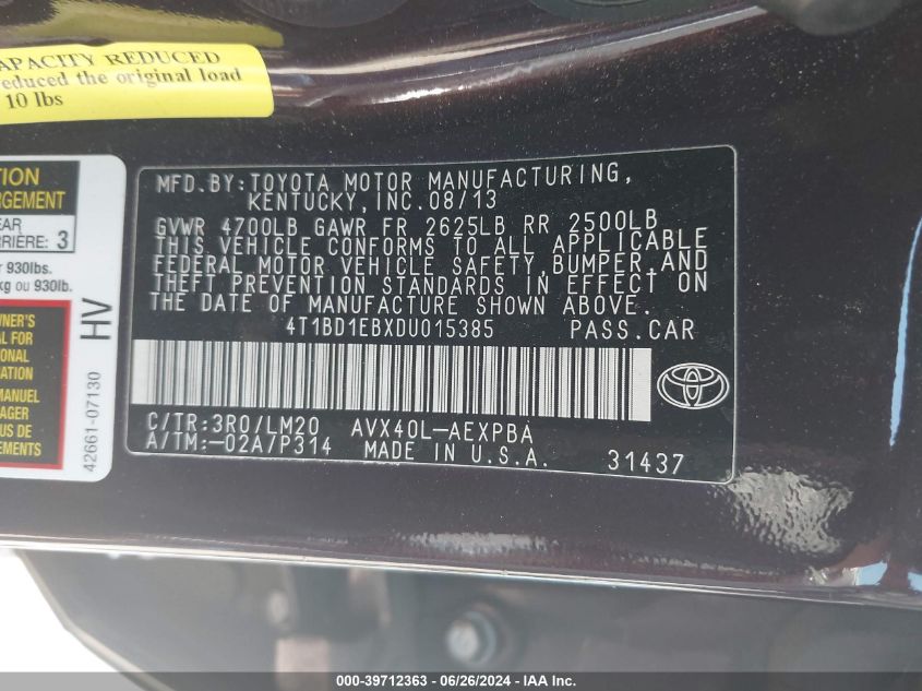 2013 Toyota Avalon Hybrid Limited VIN: 4T1BD1EBXDU015385 Lot: 39712363