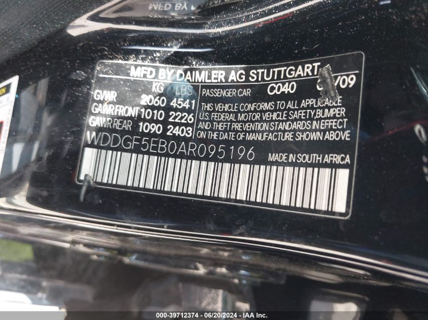 2010 Mercedes-Benz C 300 Luxury/Sport VIN: WDDGF5EB0AR095196 Lot: 39712374