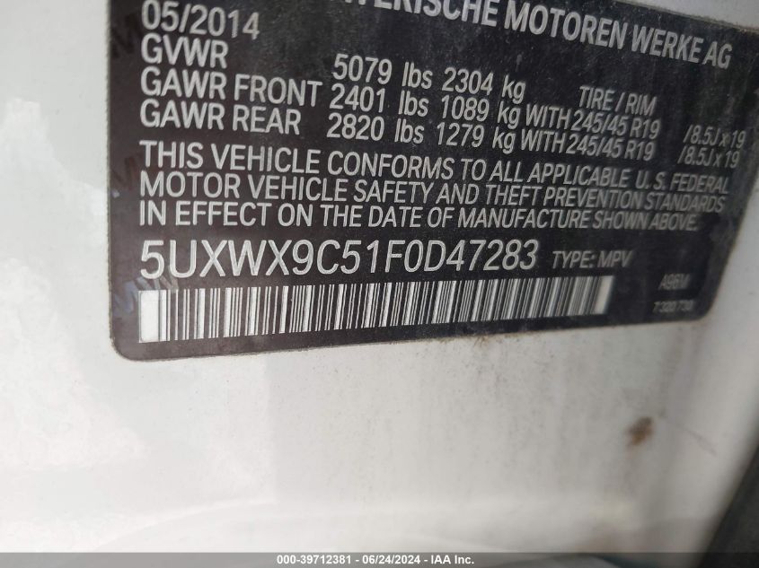 2015 BMW X3 xDrive28I VIN: 5UXWX9C51F0D47283 Lot: 39712381