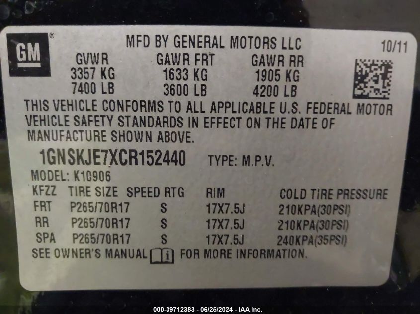 2012 Chevrolet Suburban 1500 K1500 Lt VIN: 1GNSKJE7XCR152440 Lot: 39712383