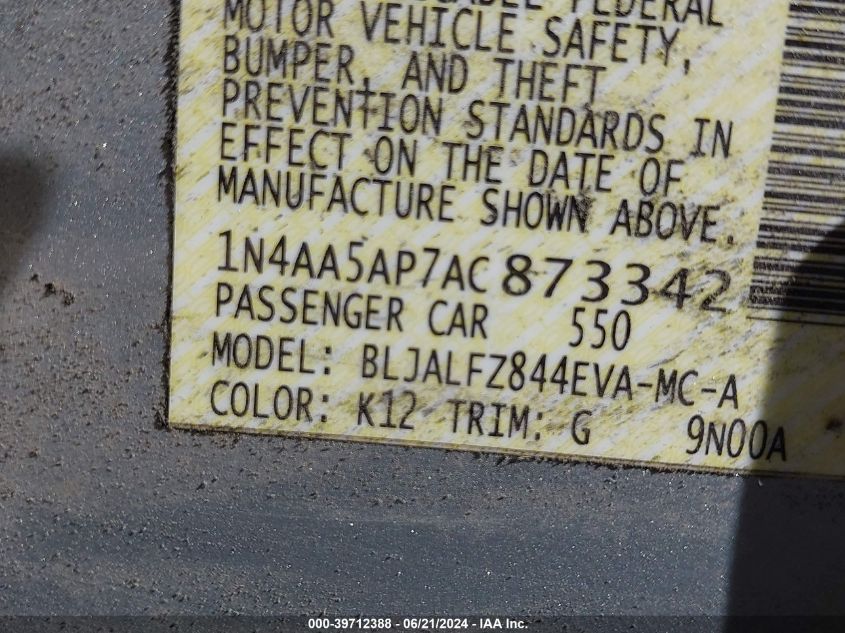 2010 Nissan Maxima 3.5 Sv VIN: 1N4AA5AP7AC873342 Lot: 39712388
