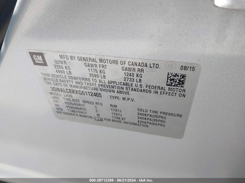 2016 Chevrolet Equinox Lt VIN: 2GNALCEKXG6112465 Lot: 39712389