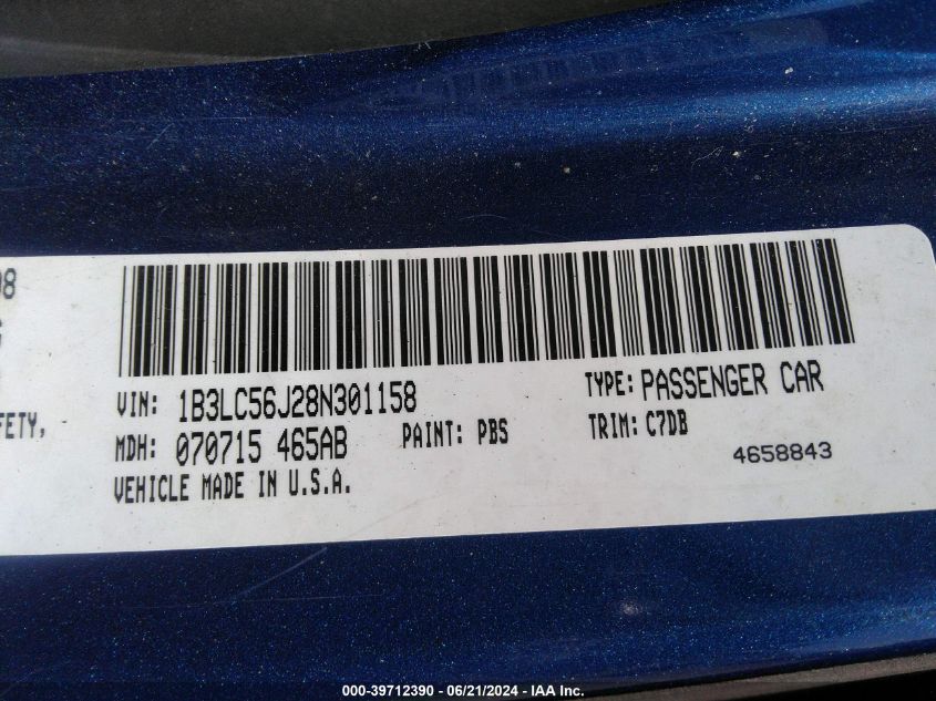 2008 Dodge Avenger Sxt VIN: 1B3LC56J28N301158 Lot: 39712390