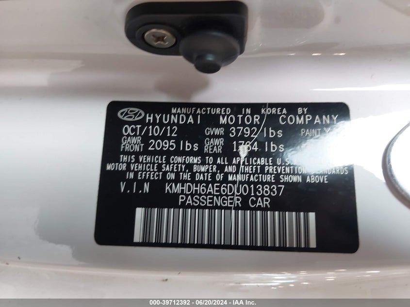 2013 Hyundai Elantra Gs VIN: KMHDH6AE6DU013837 Lot: 39712392