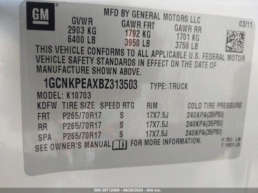 2011 Chevrolet Silverado 1500 Work Truck VIN: 1GCNKPEAXBZ313503 Lot: 39712400