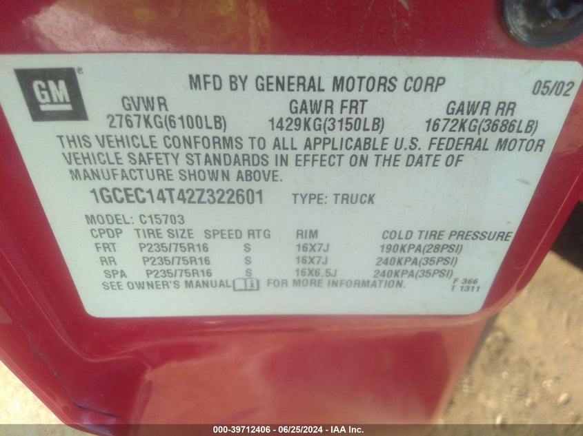 2002 Chevrolet Silverado C1500 VIN: 1GCEC14T42Z322601 Lot: 39712406