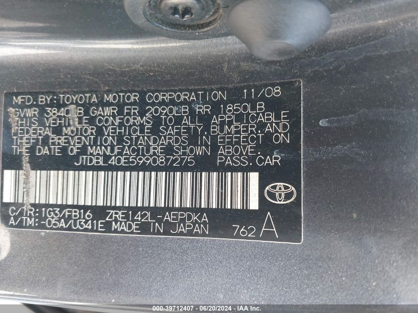 2009 Toyota Corolla Le VIN: JTDBL40E599087275 Lot: 39712407