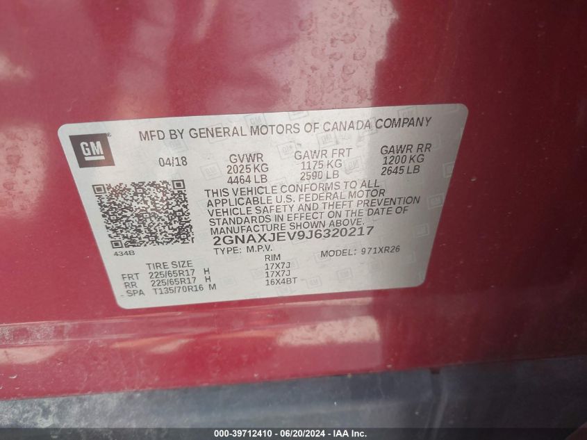 2018 Chevrolet Equinox Lt VIN: 2GNAXJEV9J6320217 Lot: 39712410