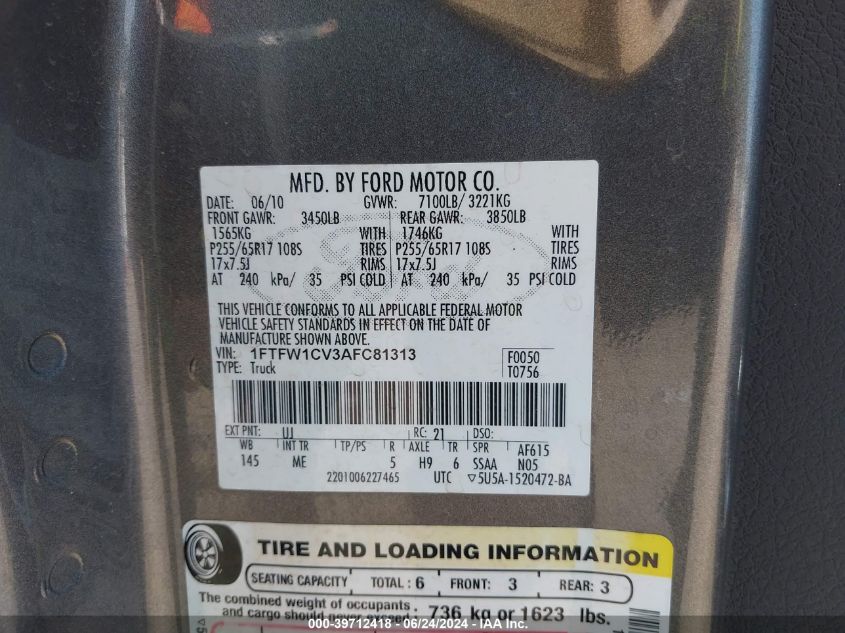2010 Ford F-150 Xlt VIN: 1FTFW1CV3AFC81313 Lot: 39712418