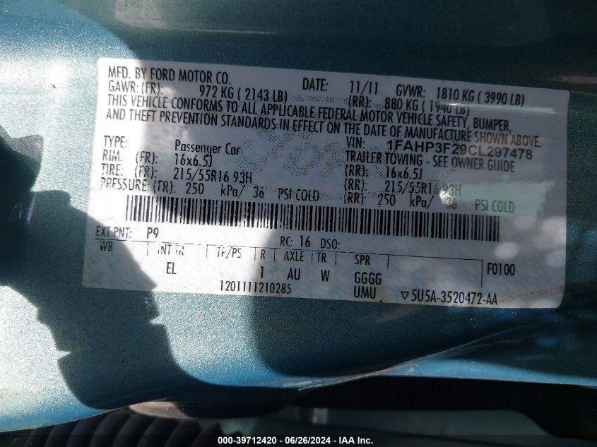 2012 Ford Focus Se VIN: 1FAHP3F29CL297478 Lot: 39712420