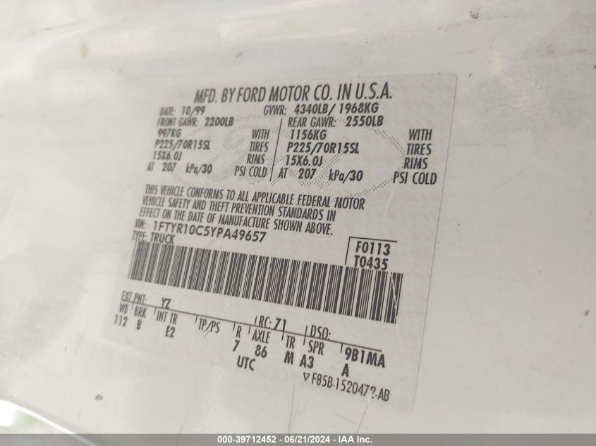 2000 Ford Ranger VIN: 1FTYR10C5YPA49657 Lot: 39712452