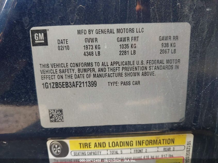 2010 Chevrolet Malibu Ls VIN: 1G1ZB5EB3AF211399 Lot: 39712458