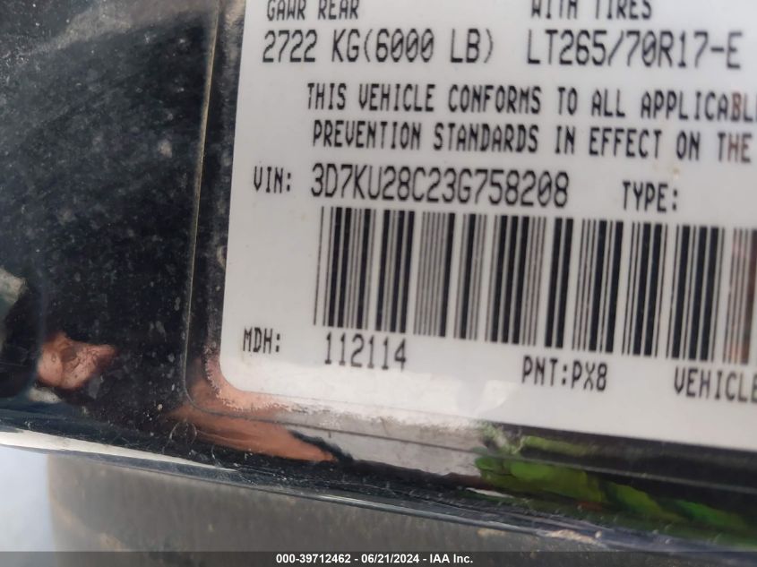 2003 Dodge Ram 2500 St/Slt VIN: 3D7KU28C23G758208 Lot: 39712462