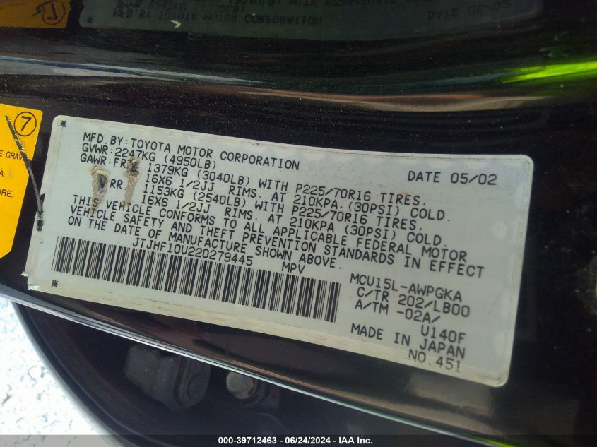 2002 Lexus Rx 300 VIN: JTJHF10U220279445 Lot: 39712463