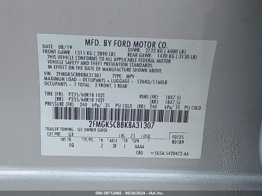 2019 Ford Flex Sel VIN: 2FMGK5C88KBA31307 Lot: 39712465