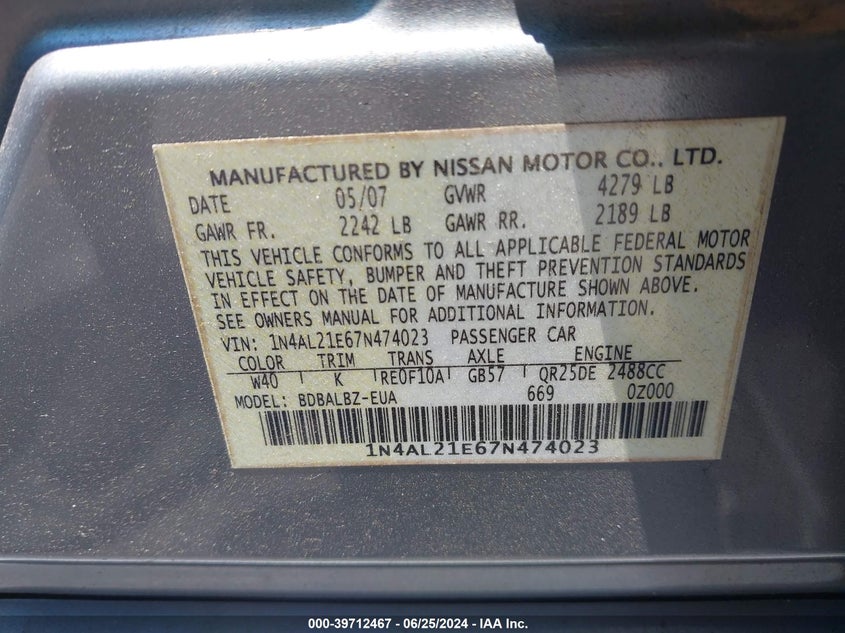 2007 Nissan Altima 2.5 S VIN: 1N4AL21E67N474023 Lot: 39712467