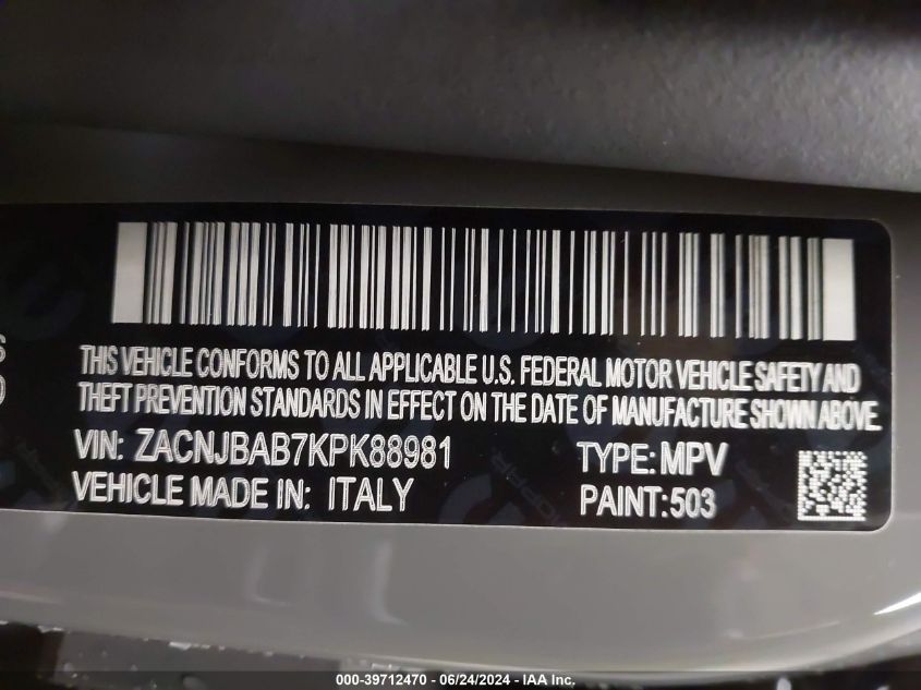 2019 Jeep Renegade Sport 4X4 VIN: ZACNJBAB7KPK88981 Lot: 39712470