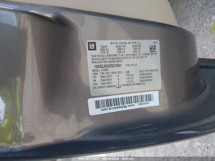 2012 Chevrolet Suburban 1500 Lt VIN: 1GNSCJE09CR274691 Lot: 39712477