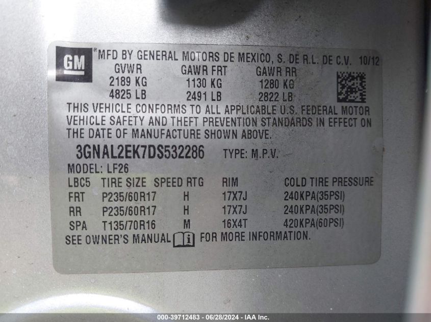 2013 Chevrolet Captiva Sport 2Ls VIN: 3GNAL2EK7DS532286 Lot: 39712483