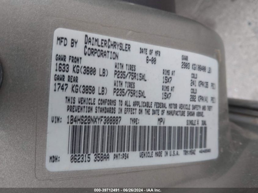 2000 Dodge Durango VIN: 1B4HS28NXYF308887 Lot: 39712491