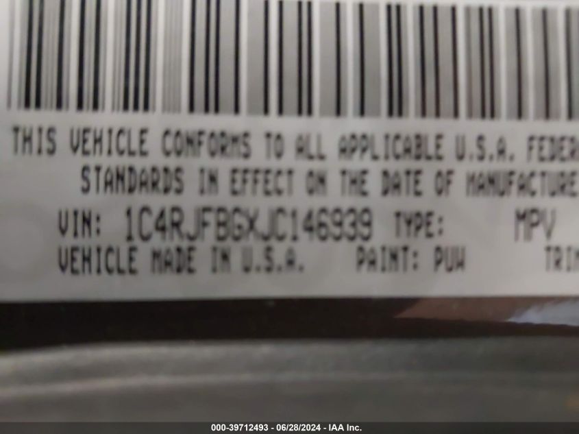 2018 Jeep Grand Cherokee Limited VIN: 1C4RJFBGXJC146939 Lot: 39712493