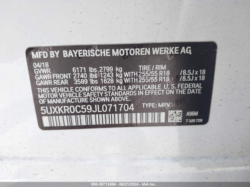 2018 BMW X5 xDrive35I VIN: 5UXKR0C59JL071704 Lot: 39712494
