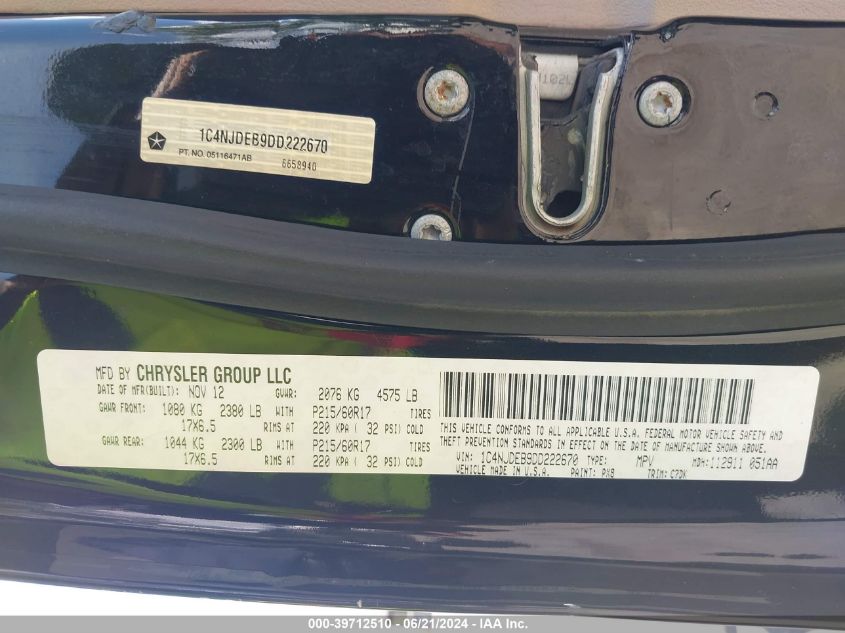2013 Jeep Compass Latitude VIN: 1C4NJDEB9DD222670 Lot: 39712510