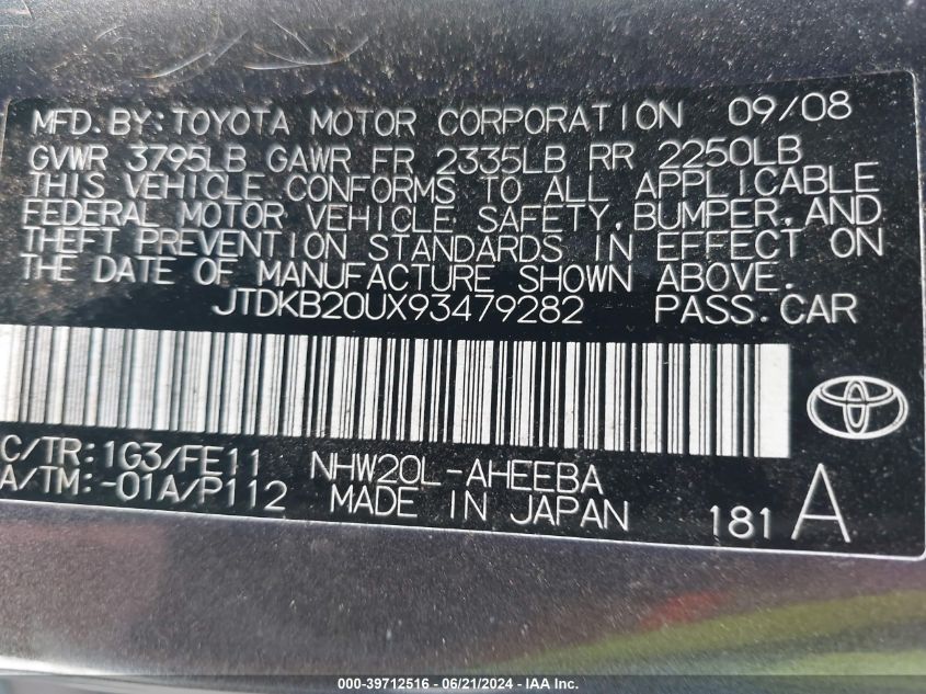 2009 Toyota Prius VIN: JTDKB20UX93479282 Lot: 39712516
