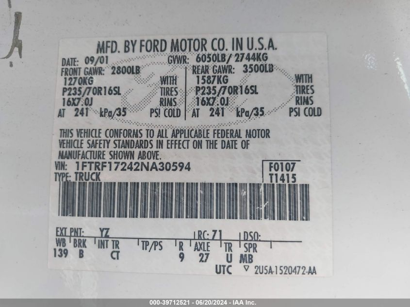 2002 Ford F-150 Xl/Xlt VIN: 1FTRF17242NA30594 Lot: 39712521