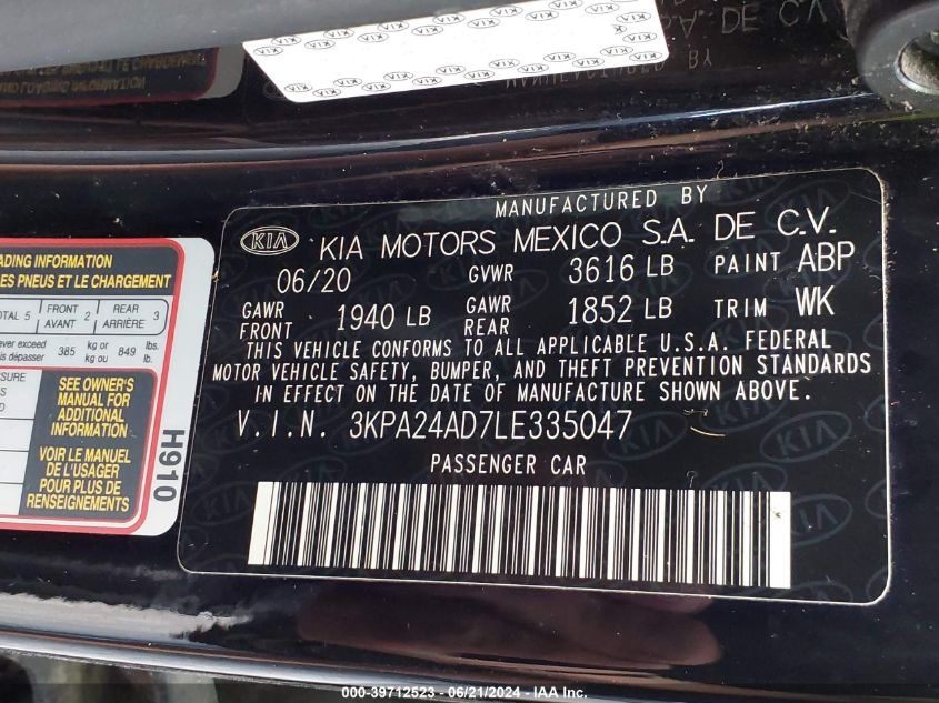 2020 Kia Rio Lx VIN: 3KPA24AD7LE335047 Lot: 39712523