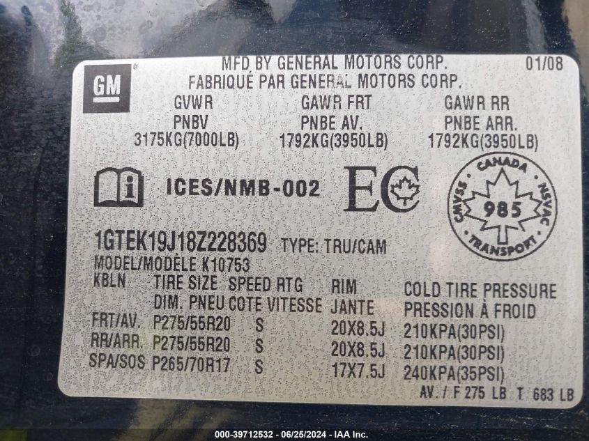 2008 GMC Sierra 1500 Sl/Sle1/Sle2/Slt/Work Truck VIN: 1GTEK19J18Z228369 Lot: 39712532