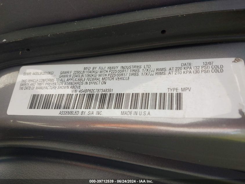 2008 Subaru Outback 2.5I Limited/2.5I Limited L.l. Bean Edition VIN: 4S4BP62C787348391 Lot: 39712539