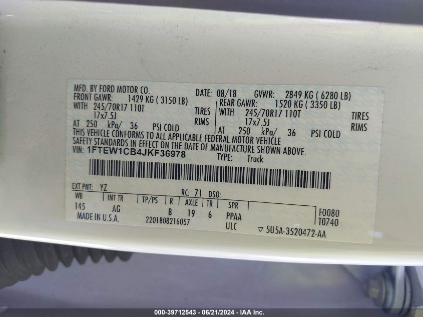 2018 Ford F-150 Xl VIN: 1FTEW1CB4JKF36978 Lot: 39712543
