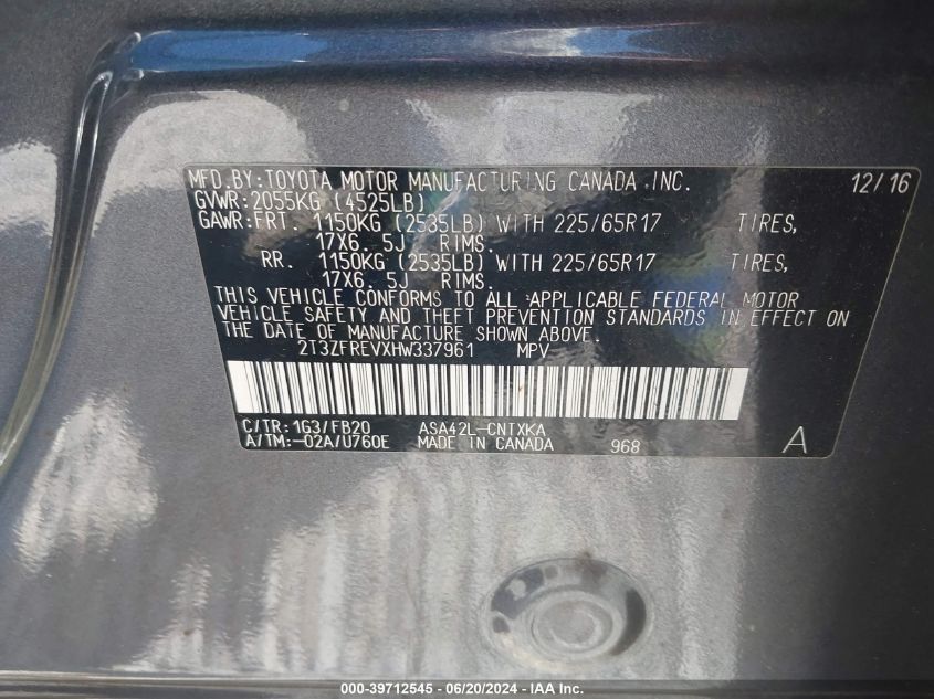 2017 Toyota Rav4 Le VIN: 2T3ZFREVXHW337961 Lot: 39712545