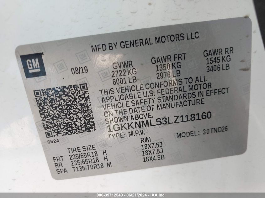 2020 GMC Acadia Slt VIN: 1GKKNMLS3LZ118160 Lot: 39712549