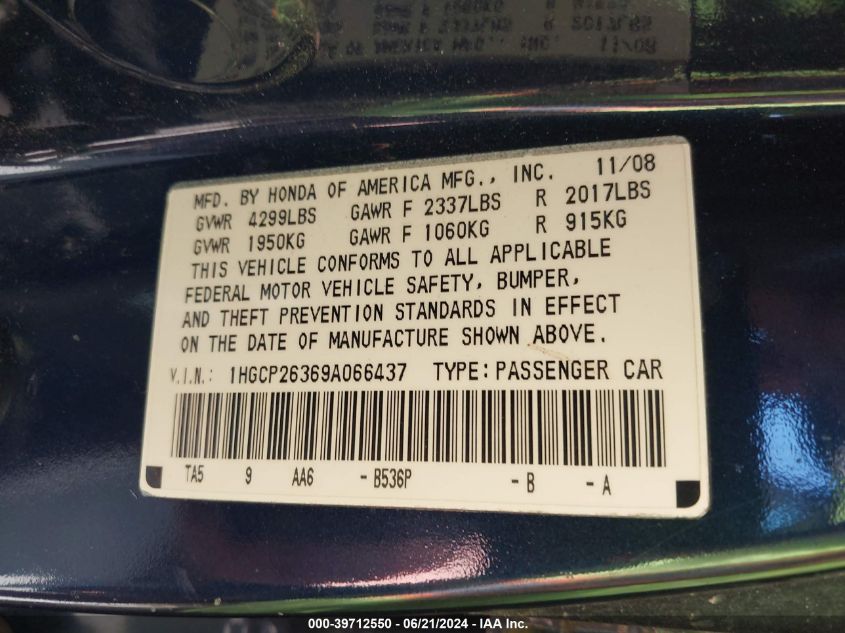 2009 Honda Accord Lx VIN: 1HGCP26369A066437 Lot: 39712550