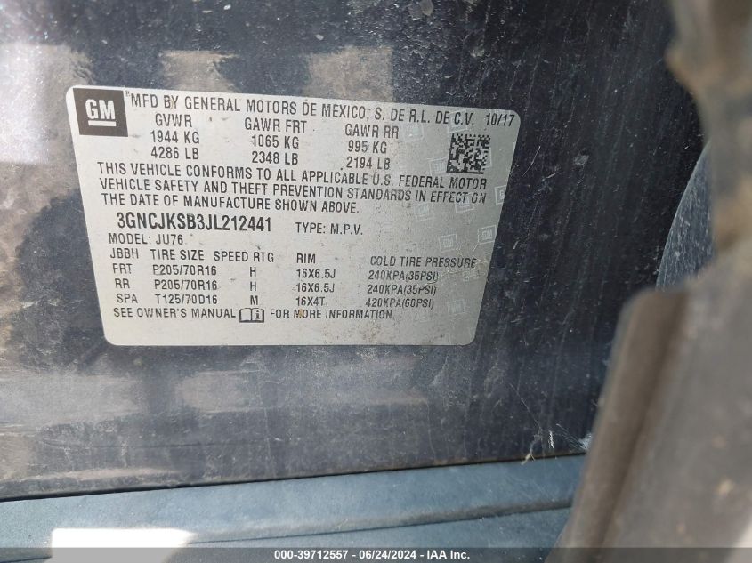2018 Chevrolet Trax Ls VIN: 3GNCJKSB3JL212441 Lot: 39712557