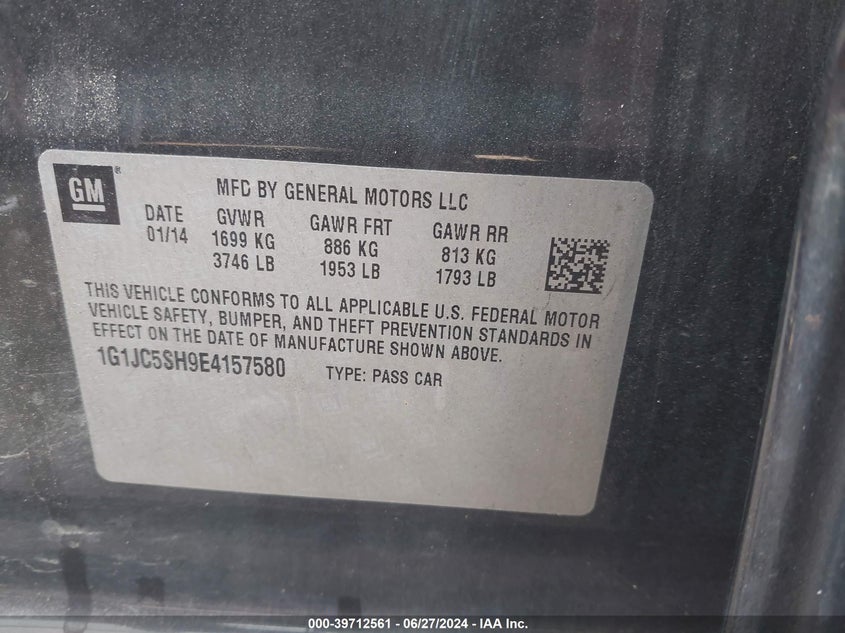 2014 Chevrolet Sonic Lt VIN: 1G1JC5SH9E4157580 Lot: 39712561