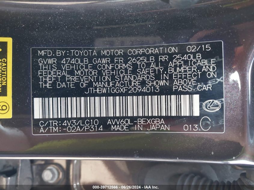 2015 Lexus Es 300H 300H VIN: JTHBW1GGXF2094013 Lot: 39712566