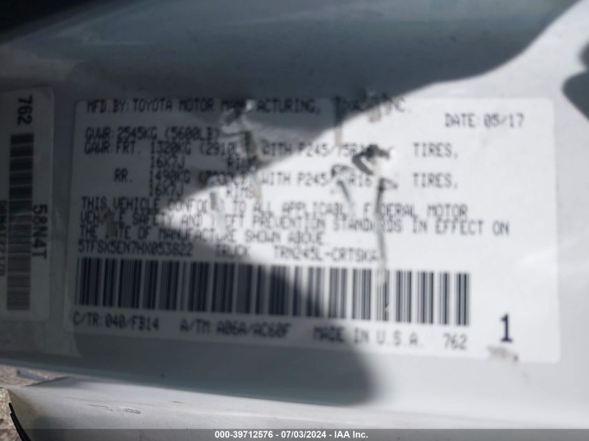 2017 Toyota Tacoma Sr VIN: 5TFSX5EN7HX053822 Lot: 39712576