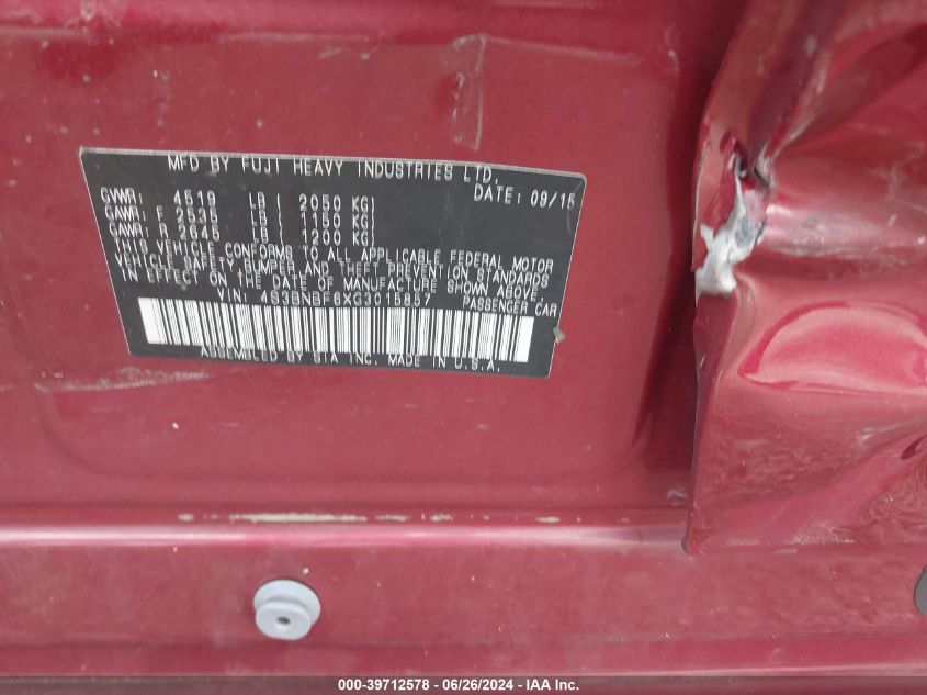 2016 Subaru Legacy 2.5I Premium VIN: 4S3BNBF6XG3015857 Lot: 39712578