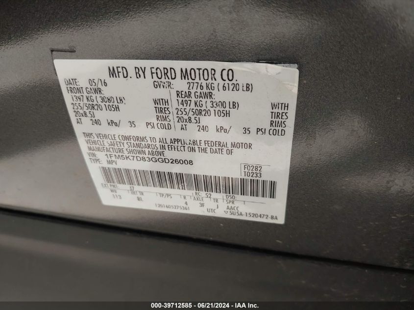 2016 Ford Explorer Xlt VIN: 1FM5K7D83GGD26008 Lot: 39712585