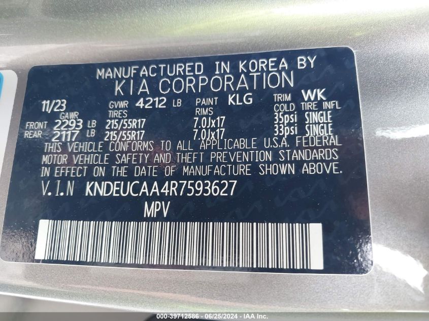 2024 Kia Seltos S VIN: KNDEUCAA4R7593627 Lot: 39712586